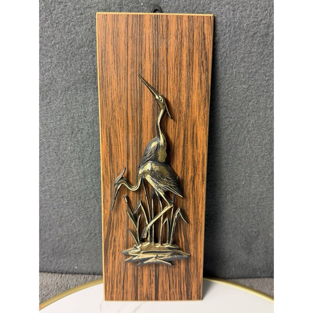Vintage Metal Egrets Wood Panel Wall Art Mid Century Modern Gold Black Bird Sign